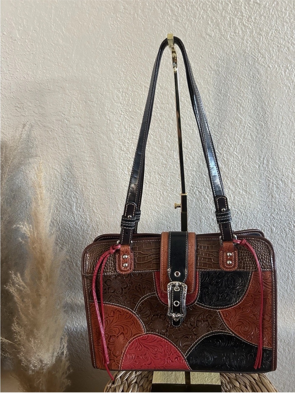 MC Marc Chantal Vintage Patchwork Tooled Leather Shoulder Bag Western Boho Tote